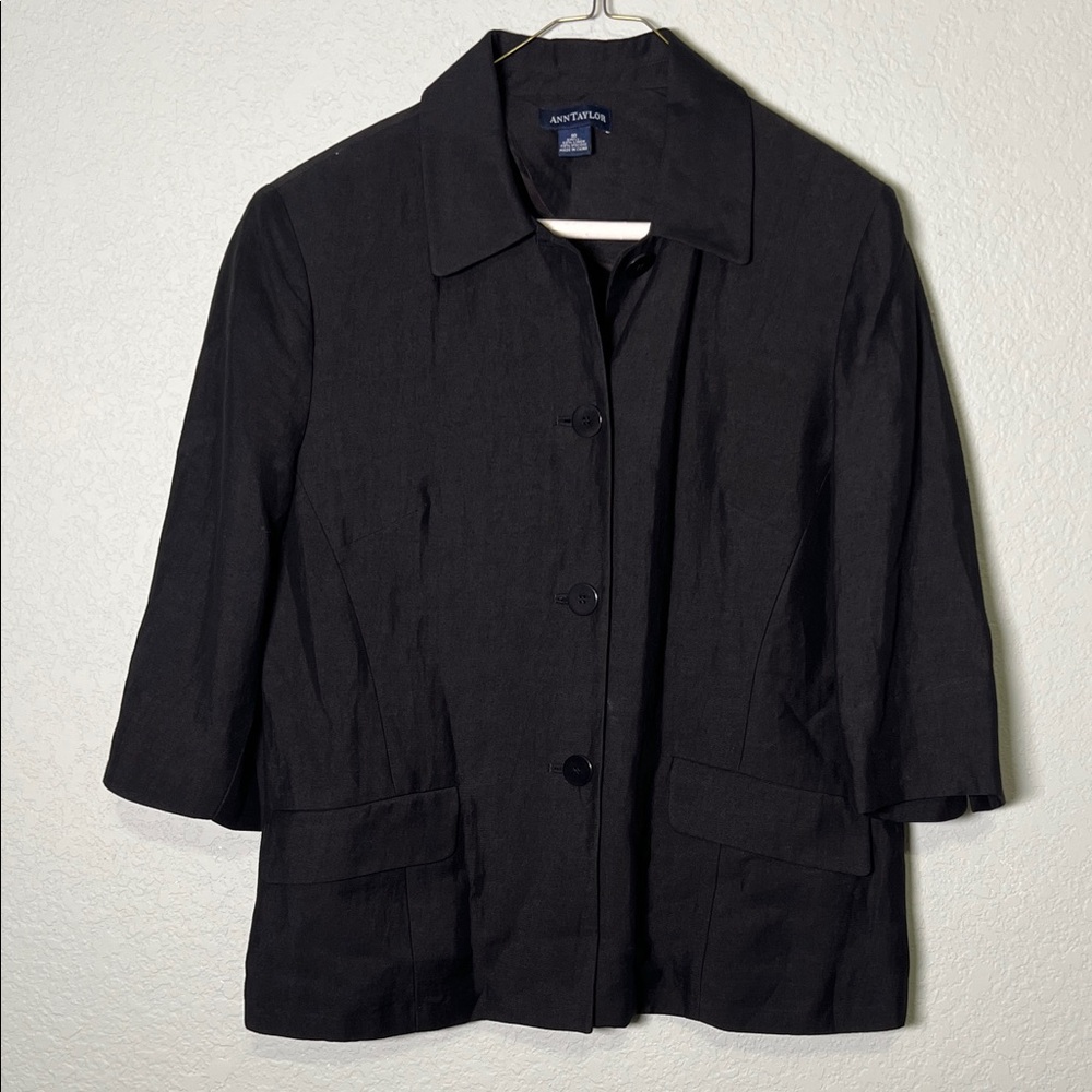 Ann Taylor Women’s 3/4 Sleeve Button up Blazer Jacket Size 10 Black, Linen Blend